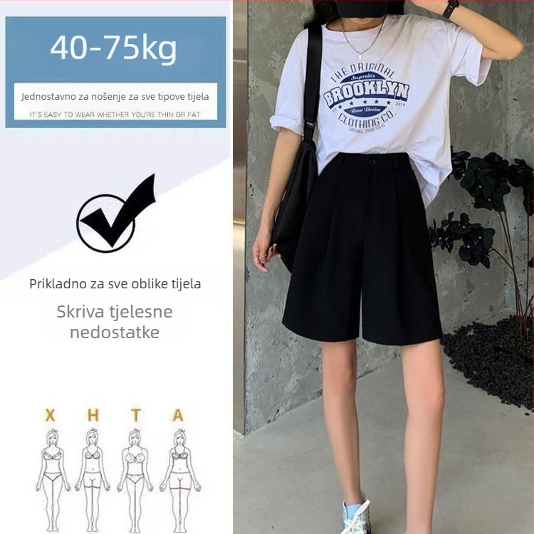 Crne ženske kratke hlače u stilu odijela za ljeto, visoki pojas, opušten kroj, lagani ice silk materijal, plus veličina, A‑linija