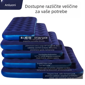 Naduvljivi ležaj s flock površinom; sklopivi dvostruki zračni madrac za 3–4 osobe; dimenzije 203×183 cm; težina 3 kg; nosivost 300 kg