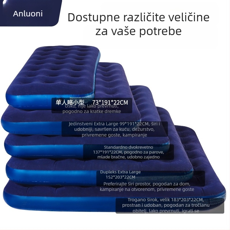 Naduvljivi ležaj s flock površinom; sklopivi dvostruki zračni madrac za 3–4 osobe; dimenzije 203×183 cm; težina 3 kg; nosivost 300 kg