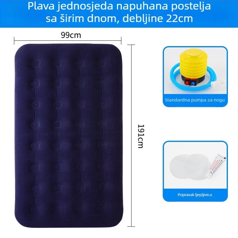 Naduvljivi ležaj s flock površinom; sklopivi dvostruki zračni madrac za 3–4 osobe; dimenzije 203×183 cm; težina 3 kg; nosivost 300 kg