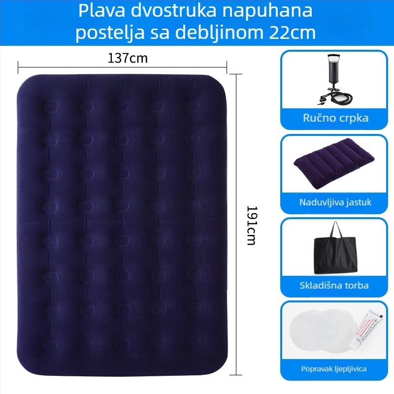 Naduvljivi ležaj s flock površinom; sklopivi dvostruki zračni madrac za 3–4 osobe; dimenzije 203×183 cm; težina 3 kg; nosivost 300 kg