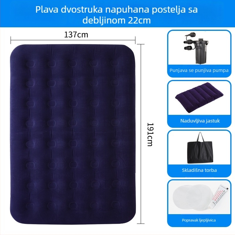 Naduvljivi ležaj s flock površinom; sklopivi dvostruki zračni madrac za 3–4 osobe; dimenzije 203×183 cm; težina 3 kg; nosivost 300 kg