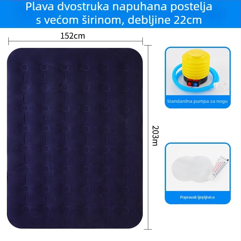 Naduvljivi ležaj s flock površinom; sklopivi dvostruki zračni madrac za 3–4 osobe; dimenzije 203×183 cm; težina 3 kg; nosivost 300 kg