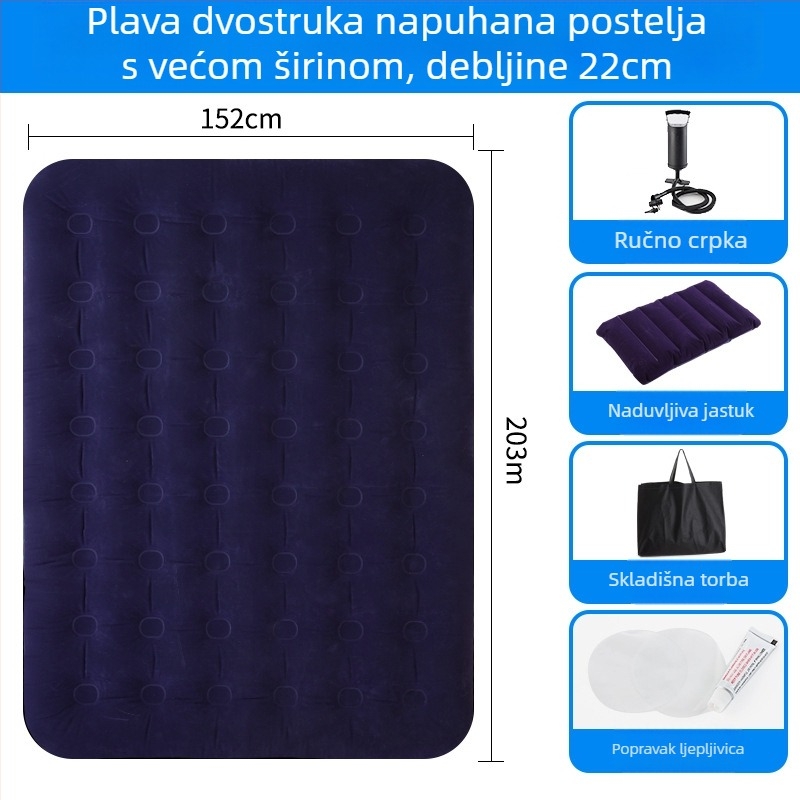 Naduvljivi ležaj s flock površinom; sklopivi dvostruki zračni madrac za 3–4 osobe; dimenzije 203×183 cm; težina 3 kg; nosivost 300 kg