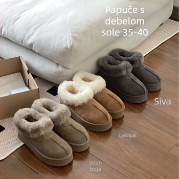 Ženske čizme za snijeg s debelom potplatom i platformom, gornji dio od krznenog materijala, unutarnja ovčja vuna, EVA potplat, niski dizajn slip-on, platforma 3,5 cm