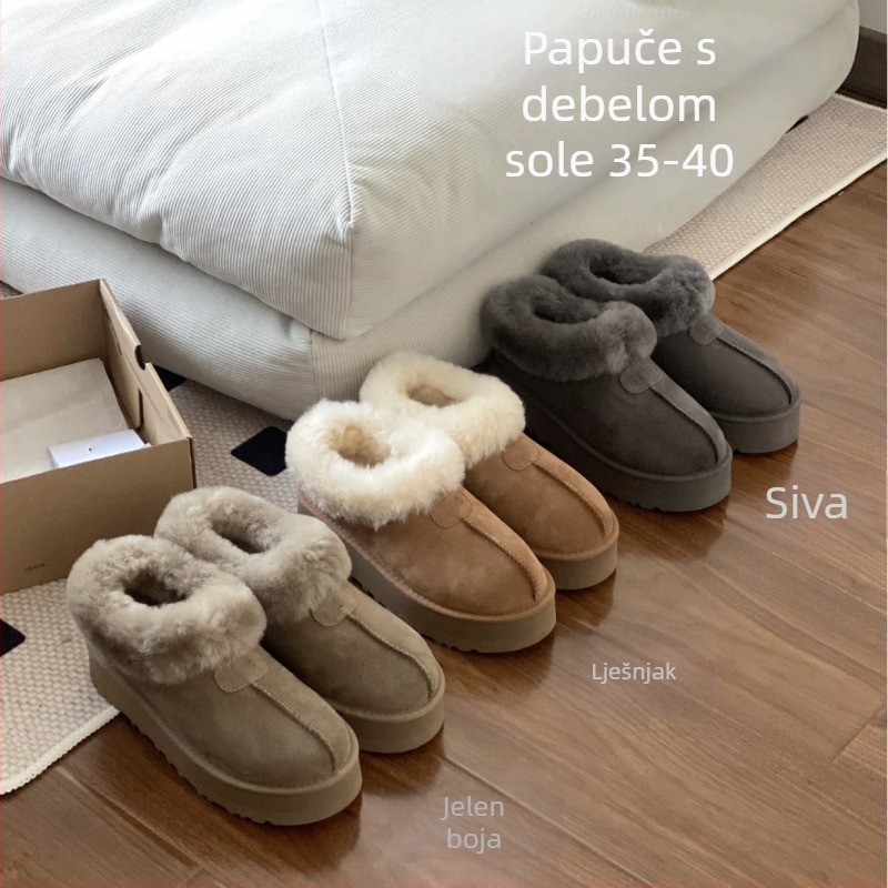 Ženske čizme za snijeg s debelom potplatom i platformom, gornji dio od krznenog materijala, unutarnja ovčja vuna, EVA potplat, niski dizajn slip-on, platforma 3,5 cm