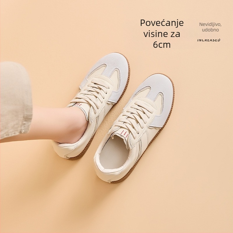 Ženske tenisice za trening od prave kože s unutarnjim povećanjem visine od 6 cm, debeli gumeni đon, prozračna vunena podstava