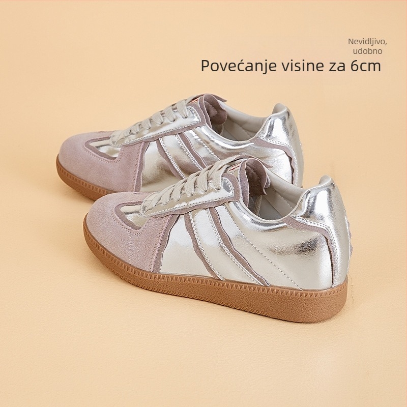 Ženske tenisice za trening od prave kože s unutarnjim povećanjem visine od 6 cm, debeli gumeni đon, prozračna vunena podstava