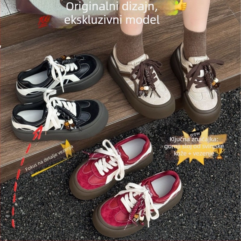 Ženske casual tenisice s debelim platformom, gornji dio od prave kože, vezanje šnuralicama, gumeni potplat, visina pete 3-5 cm
