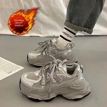 Ženske chunky sneakers tipa dad shoes s PU+ mrežastim gornjim dijelom, 3-5 cm visina pete, gumena potplata, šnurno zatvaranje, unutarnja podstava od umjetnog pliša