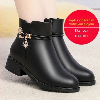 Ženske cipele za majke srednje dobi i starije – PU gornji dio, gumena potplat, pamučna postava, bočni zatvarač, niski pet 1–3 cm, okrugli vrh, pogodni za zimu, jesen i proljeće
