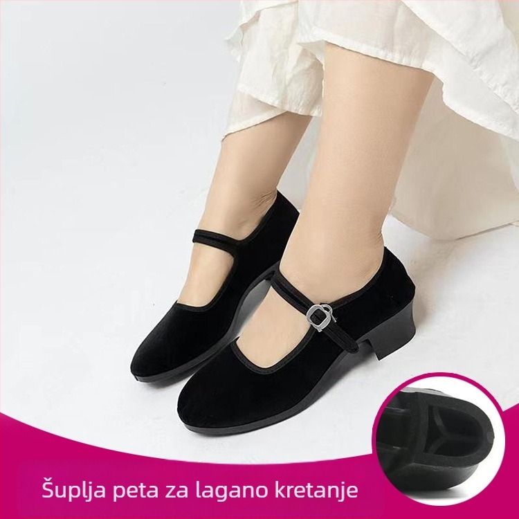 Ženske etničke plesne cipele Yangko s etničkim stilom, gornji dio nubuka, plastični potplat, kopča, kvadratni pet 3–5 cm, prozračne i protuklizne, etnički stil