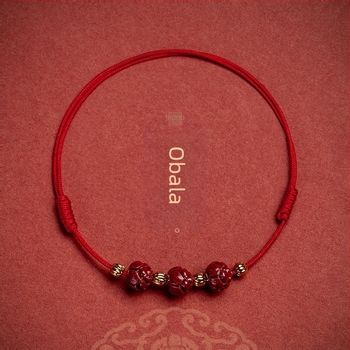Anklet s cinnabar lotosom, pleteni konac, podesiva duljina, retro stil