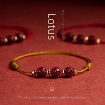 Anklet s cinnabar lotosom, pleteni konac, podesiva duljina, retro stil