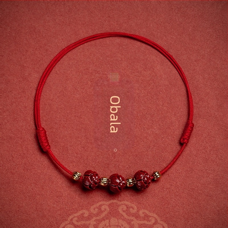 Anklet s cinnabar lotosom, pleteni konac, podesiva duljina, retro stil