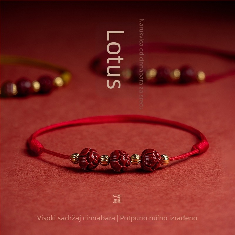 Anklet s cinnabar lotosom, pleteni konac, podesiva duljina, retro stil