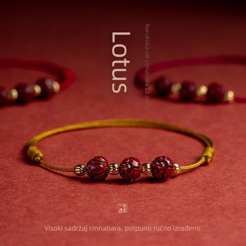 Anklet s cinnabar lotosom, pleteni konac, podesiva duljina, retro stil