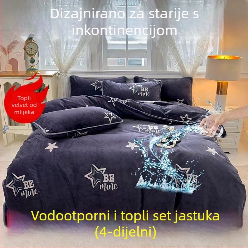 2025 nova navlaka za pokrivač od mliječnog velura s vodonepropusnom presvlakom i toplom podstavom, četverodijelni set posteljine (plahte i navlake za jastuke)