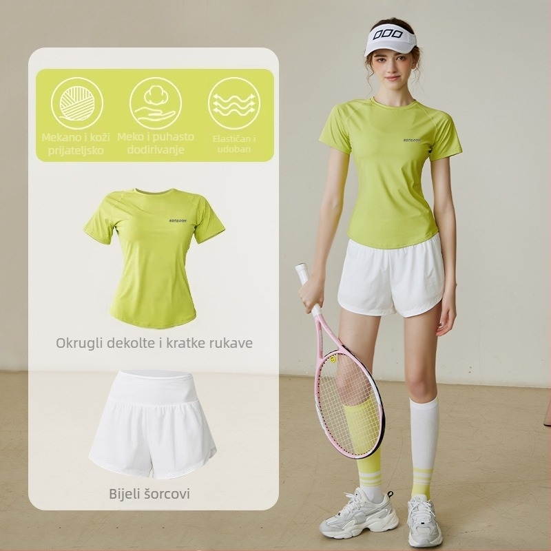 Ženski ljetni sportski set 2025: brzo sušeća poliester-spandex tkanina, Dip Dye obrada, Ice Silk rashujući materijal, 3/4 rukav, Chanel stil, casual set