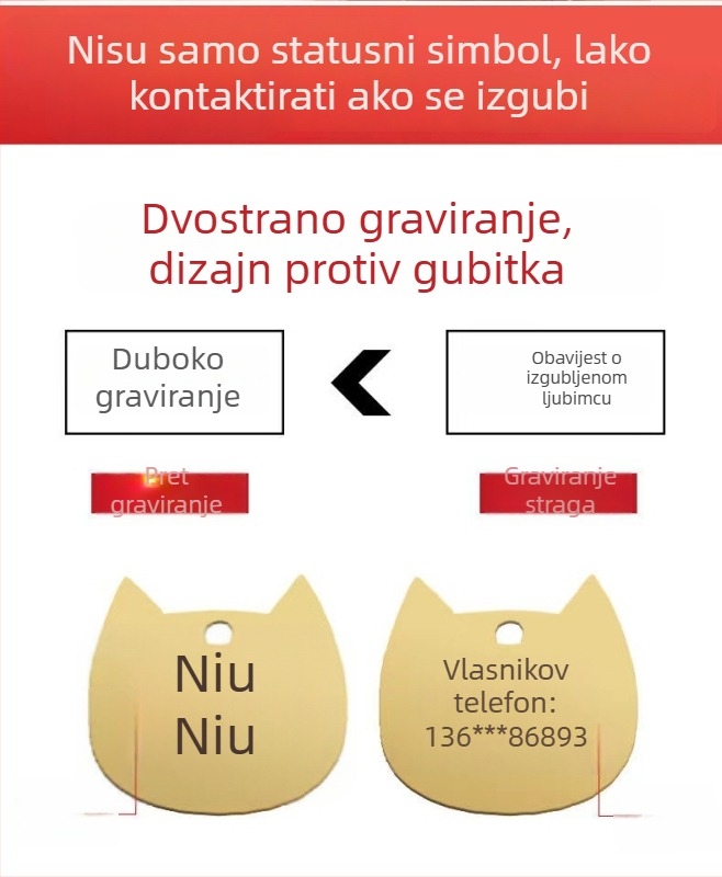 Gravirana ogrlica s identifikacijskim etiketom za mačke i pse – nehrđajući čelik, univerzalna prilagodba, crtani stil