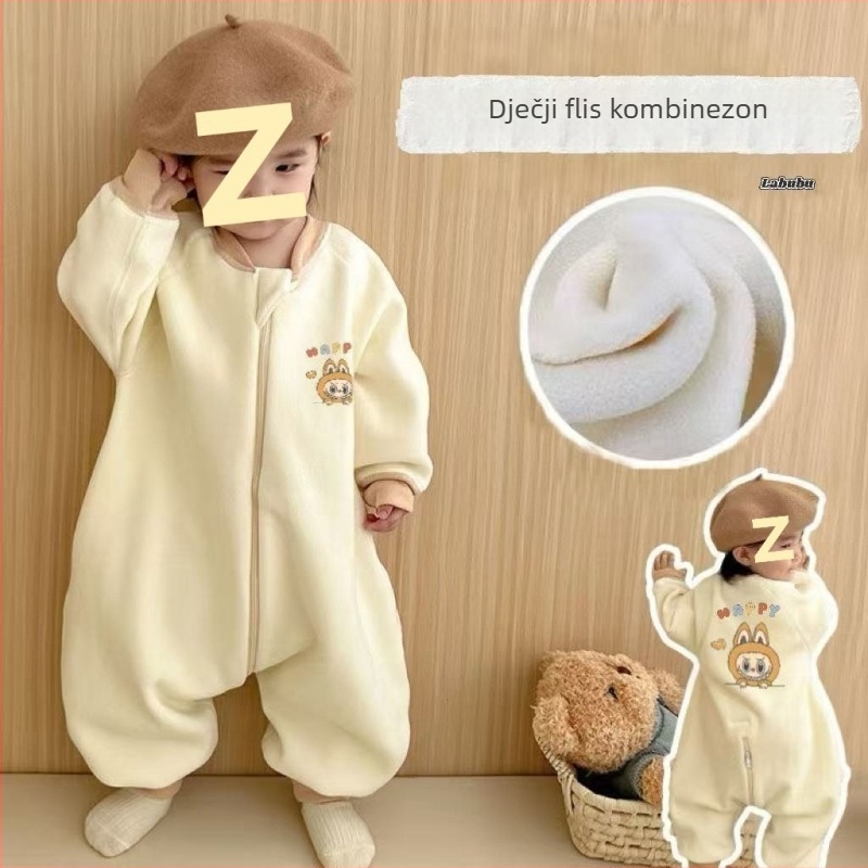 Dječji spavaći kombinezon s patentnim zatvaračem, topao i podstavljen, od čistog pamuka, kašmirska punnja, crtani stil, kućna odjeća za jesen-zimu