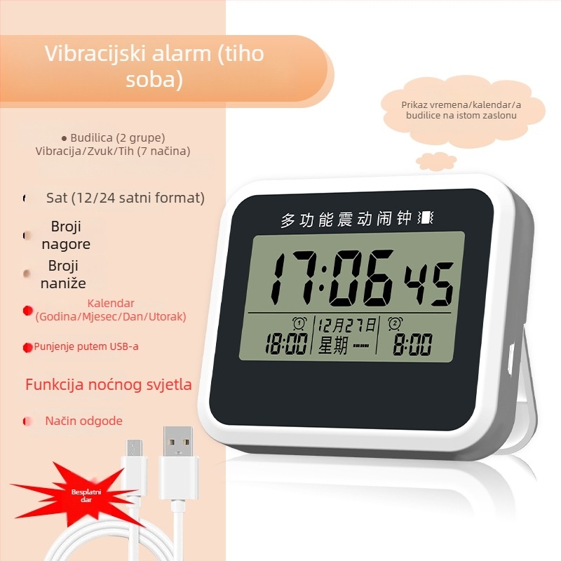 Stolni sat s tihim vibracijskim alarmom, punjiv, analogni prikaz, Fias mehanizam, brojčanik od kaljenog stakla