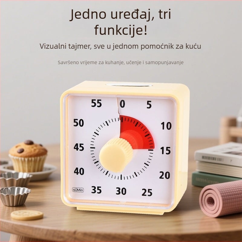 Vizualni mjerač vremena za učenike i djecu za kuhanje u kuhinji — kvarcni pogon, analogni pokazivač, plastično kućište, napajanje baterijama, alarmna funkcija