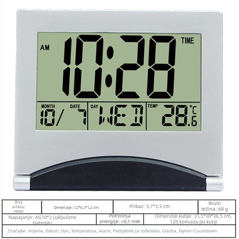 JIMEI budilnik s LCD brojčanim prikazom, baterijsko napajanje, kvarcni mehanizam, noćno osvjetljenje, alarm i kalendar