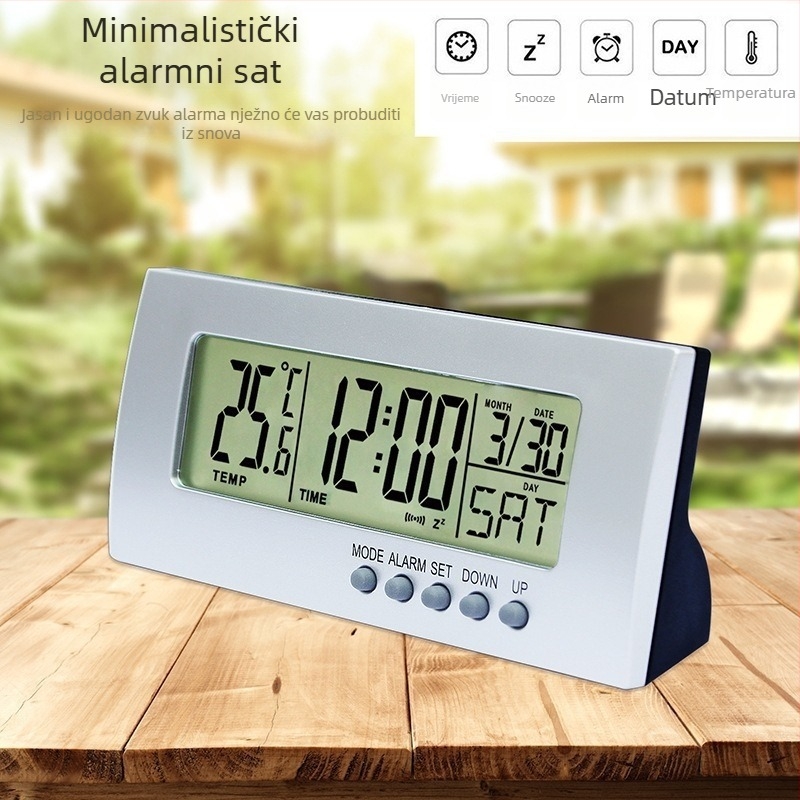 JIMEI budilnik s LCD brojčanim prikazom, baterijsko napajanje, kvarcni mehanizam, noćno osvjetljenje, alarm i kalendar