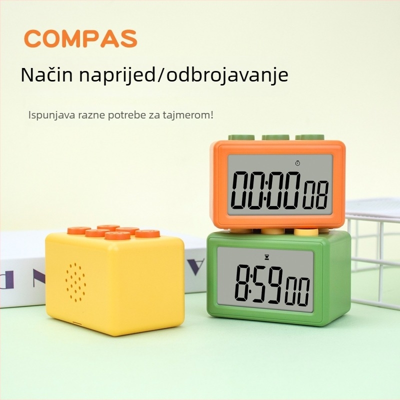 Troje-u-jednom mjerač vremena sa tihim elektroničkim satom, LCD zaslon, kvadratni oblik, napajanje baterijom