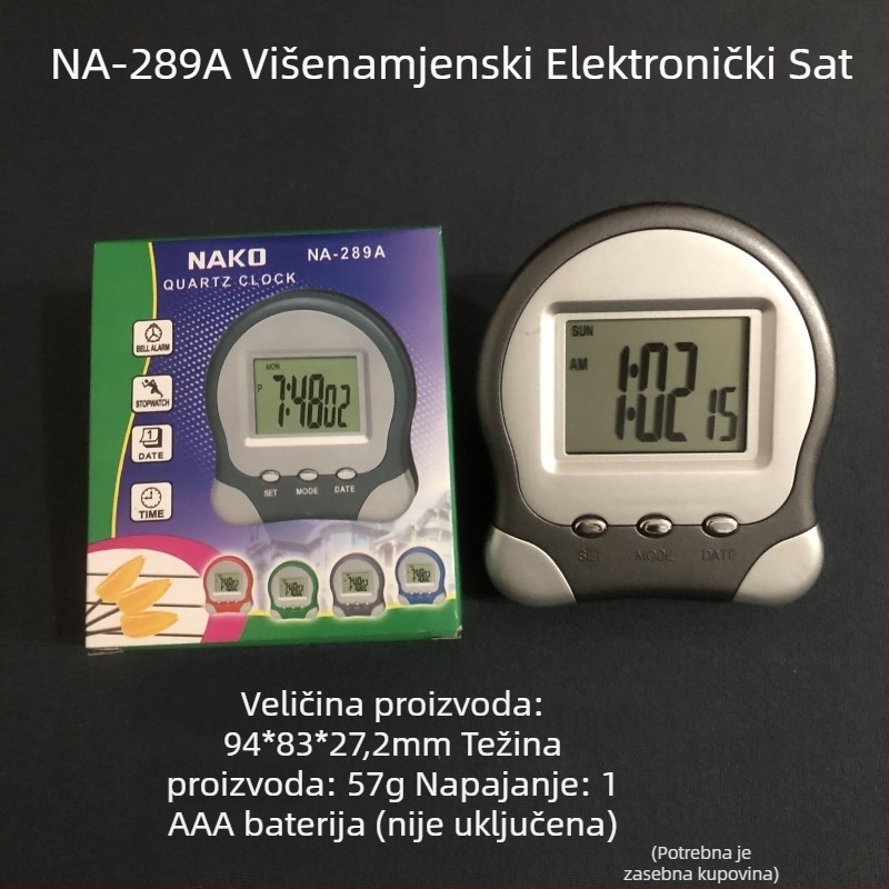 Digitalni budilnik s LED zaslonom, elektroničkim mehanizmom, plastičnim kućištem, napajanjem na baterije i mogućnošću prilagođenog logotipa.