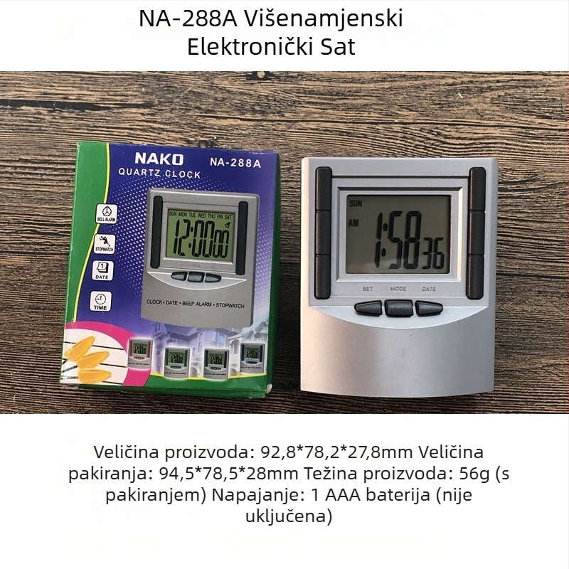 Digitalni budilnik s LED zaslonom, elektroničkim mehanizmom, plastičnim kućištem, napajanjem na baterije i mogućnošću prilagođenog logotipa.