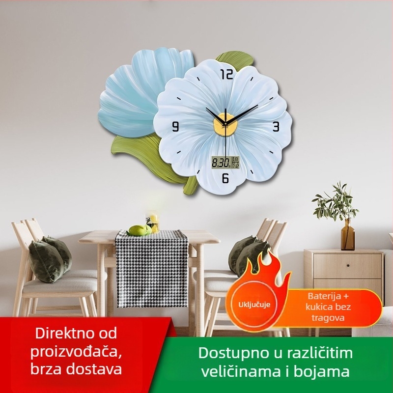 Elegantni zidni sat za dnevnu sobu s cvjetnim dizajnom, montaža bez bušenja, tih kvarcni mehanizam