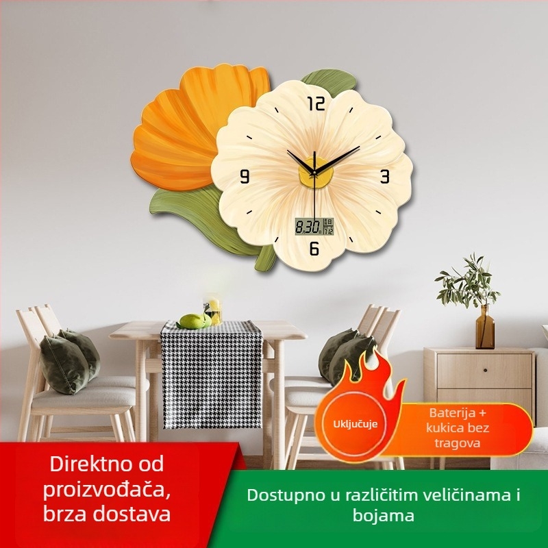 Elegantni zidni sat za dnevnu sobu s cvjetnim dizajnom, montaža bez bušenja, tih kvarcni mehanizam
