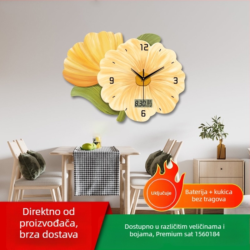 Elegantni zidni sat za dnevnu sobu s cvjetnim dizajnom, montaža bez bušenja, tih kvarcni mehanizam