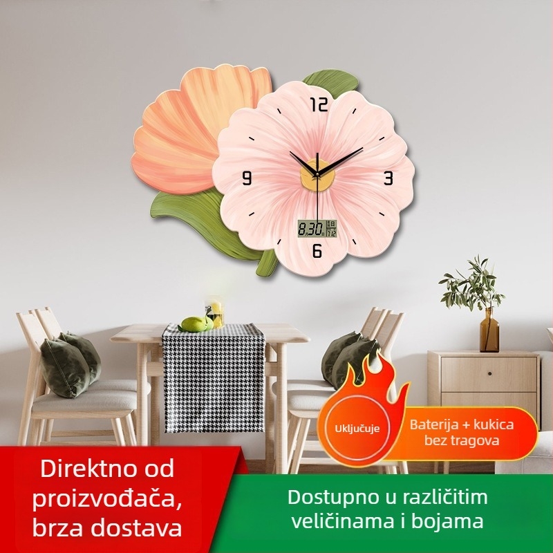 Elegantni zidni sat za dnevnu sobu s cvjetnim dizajnom, montaža bez bušenja, tih kvarcni mehanizam