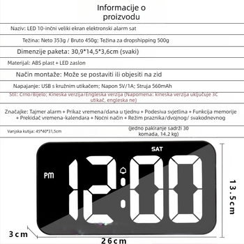 Budilica GTJP23500 s digitalnim LED zaslonom, velikim zaslonom, tjednim prikazom i funkcijom alarma