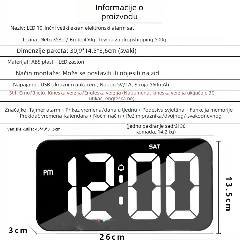 Budilica GTJP23500 s digitalnim LED zaslonom, velikim zaslonom, tjednim prikazom i funkcijom alarma