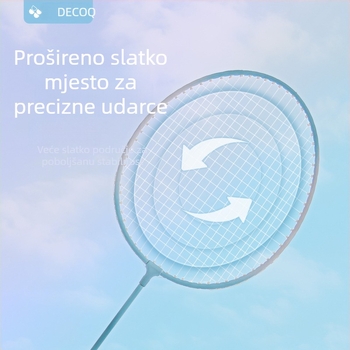 Badminton raketa Decoq/decak – okvir od željezne legure; žice od najlona; težina 95–100 g; dizajn ravnog udarca