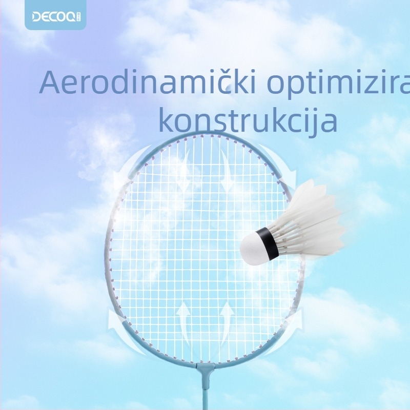 Badminton raketa Decoq/decak – okvir od željezne legure; žice od najlona; težina 95–100 g; dizajn ravnog udarca