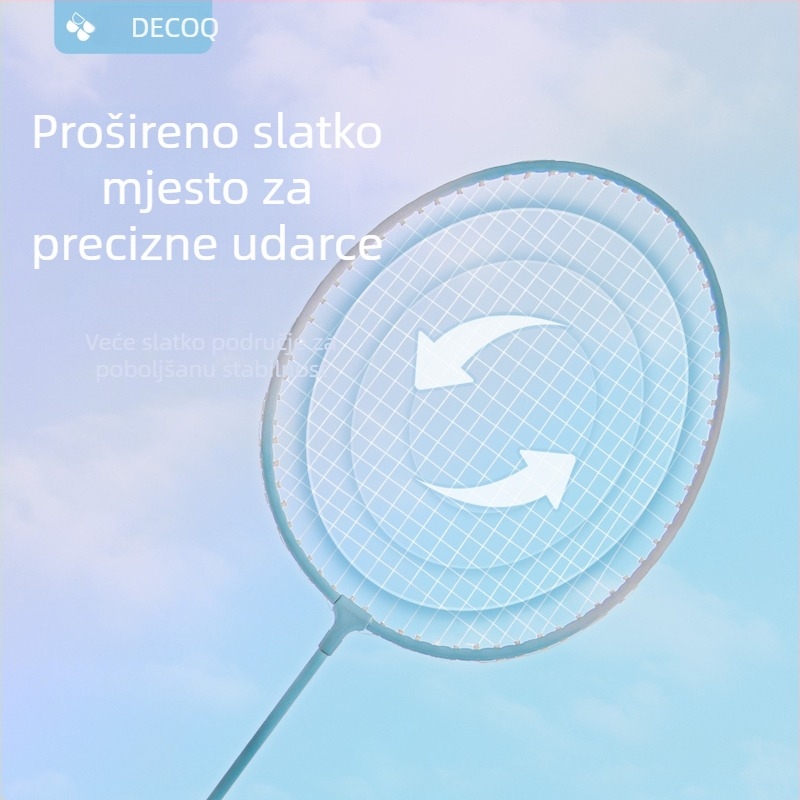 Badminton raketa Decoq/decak – okvir od željezne legure; žice od najlona; težina 95–100 g; dizajn ravnog udarca
