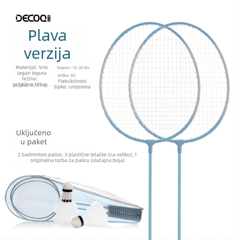Badminton raketa Decoq/decak – okvir od željezne legure; žice od najlona; težina 95–100 g; dizajn ravnog udarca