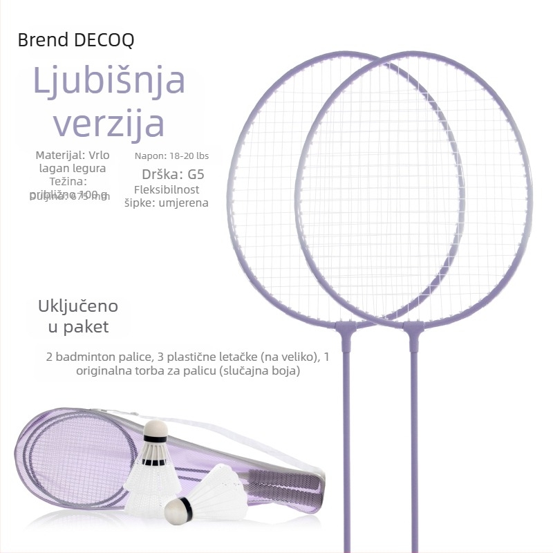 Badminton raketa Decoq/decak – okvir od željezne legure; žice od najlona; težina 95–100 g; dizajn ravnog udarca
