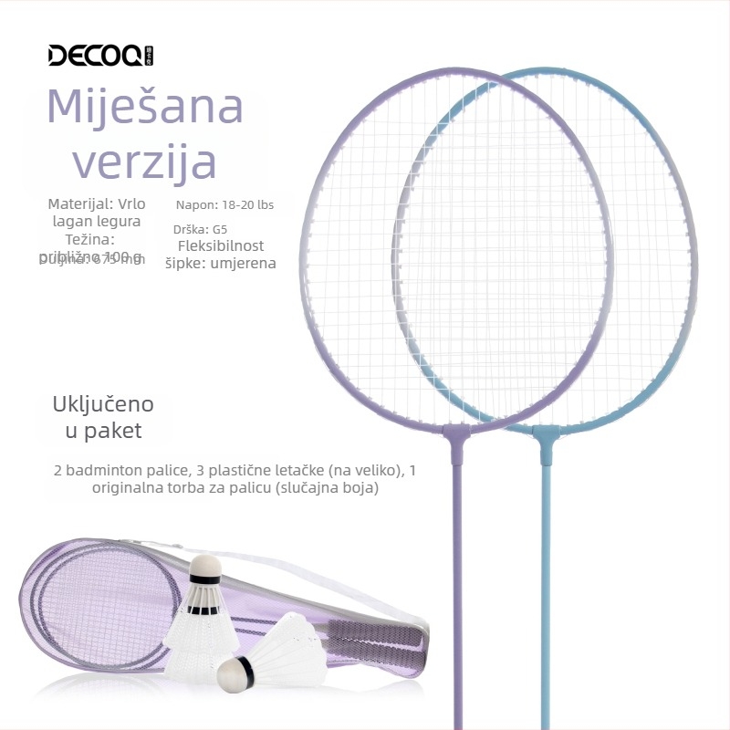 Badminton raketa Decoq/decak – okvir od željezne legure; žice od najlona; težina 95–100 g; dizajn ravnog udarca