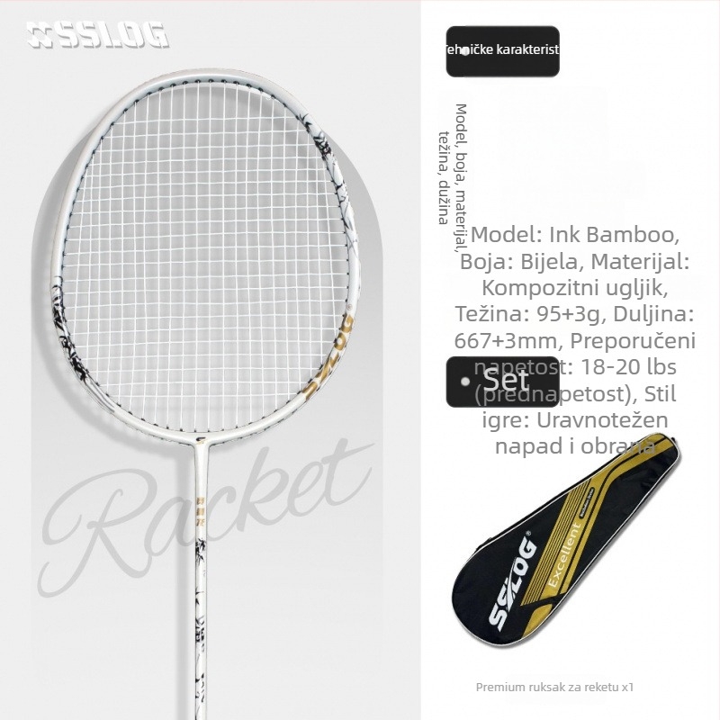 Badminton reketa ultra lagana, jednoplošna konstrukcija od aluminijske legure, najlon žice, težina 95-100 g, debljina držača G-5, tip udarca: direktan, za amatere, juniore i srednje napredne