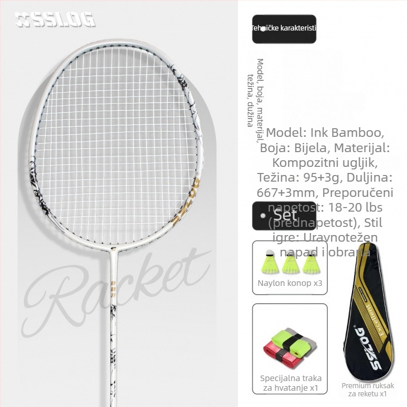 Badminton reketa ultra lagana, jednoplošna konstrukcija od aluminijske legure, najlon žice, težina 95-100 g, debljina držača G-5, tip udarca: direktan, za amatere, juniore i srednje napredne