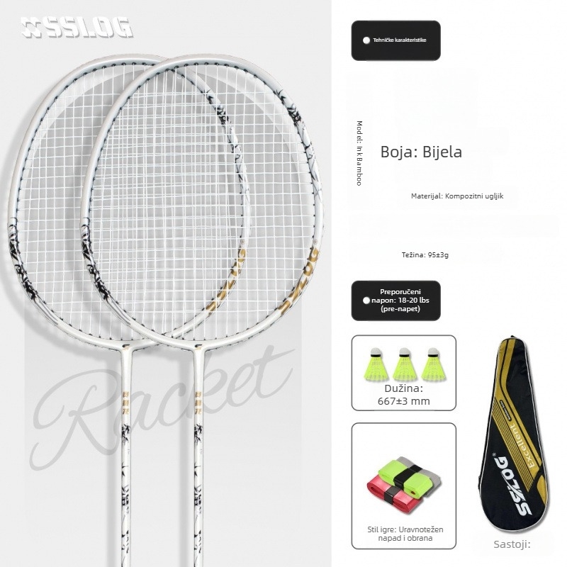 Badminton reketa ultra lagana, jednoplošna konstrukcija od aluminijske legure, najlon žice, težina 95-100 g, debljina držača G-5, tip udarca: direktan, za amatere, juniore i srednje napredne