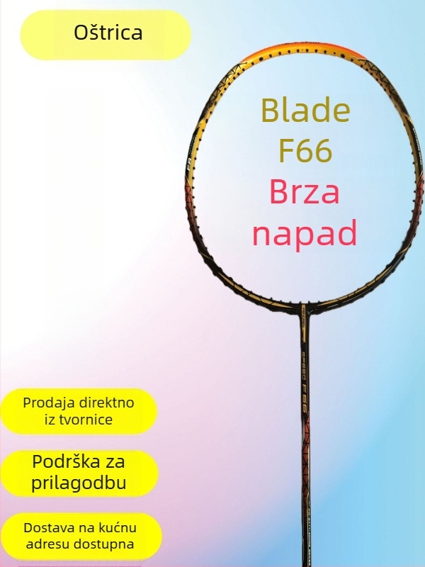 Raketa za badminton s okvirom od punog karbonskog vlakna, ultralak 75–79 g, debljina drške G-5, direktan udarac, najlonske strune