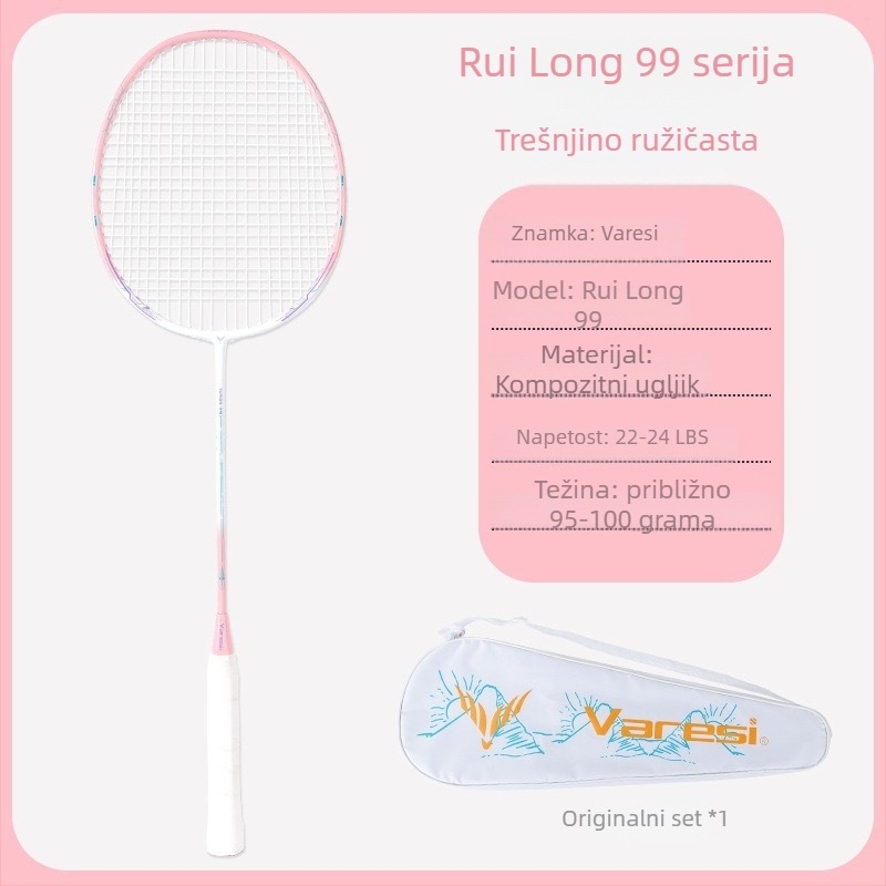 Varesi badminton reket – težina 95–100 g, okvir od vlaknastog stakla, direktan udarac, srednja čvrstoća, pogodan za badminton i tenis