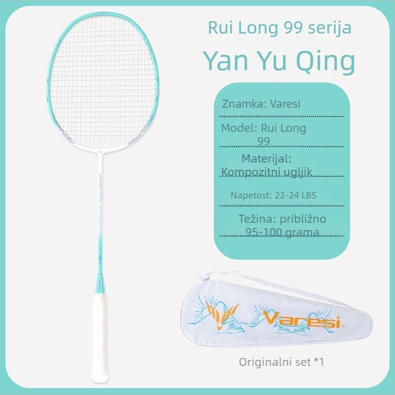 Varesi badminton reket – težina 95–100 g, okvir od vlaknastog stakla, direktan udarac, srednja čvrstoća, pogodan za badminton i tenis